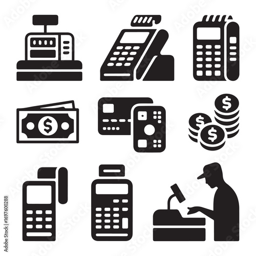 Collection of payment and retail icons including cash register, credit card machine, money, and cashier isolated on white background