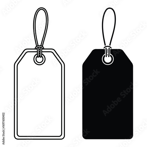 Two blank price tags one outline and one solid black showing contrast for design mockups vector