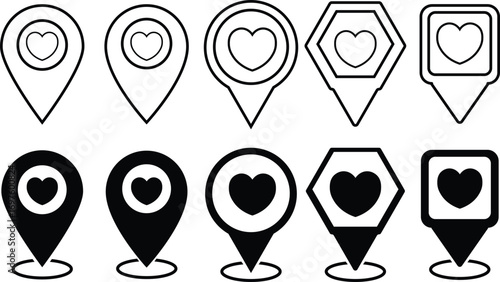 heart shaped map pin symbol representing location and love, set. heart map pointer symbol, black location pin symbol, Map marker pointer icons.
