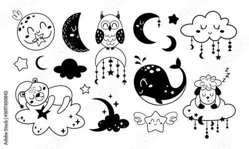 Celestial clipart set with boho moon, stars and sleeping animals in black and white color. Good night baby doodle. Vector illustration.