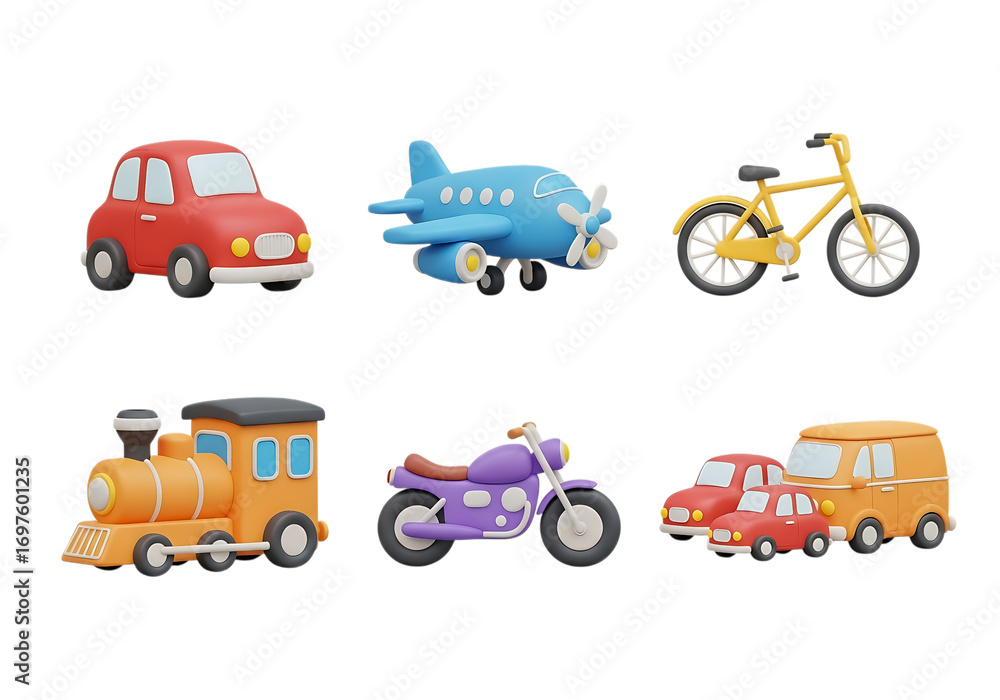 Naklejka premium 3d icon of set of cartoon transportation vehicles including a car, airplane, bicycle, train, motorcycle, and van, isolated on transparent background