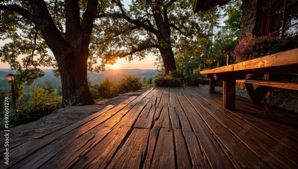 Fototapeta premium Wooden deck overlooks sunset vista, framed by trees and building's stone facade