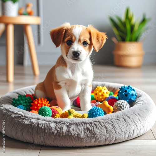 Adorable puppy in a cozy bed with toys