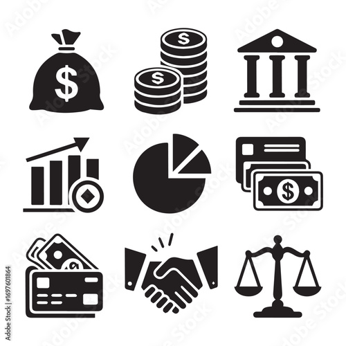 Financial and business icons including money bag, coins, bank, graph, pie chart, credit cards, wallet, handshake, and scales of justice isolated on white background