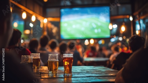 People enjoy drinks at a lively bar while watching a soccer match on a big screen, creating a vibrant social atmosphere