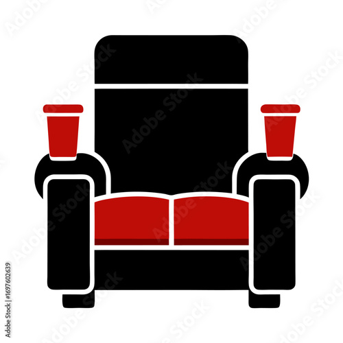 Black and red color modern leather sectional recliner with cup holders vector on white background.