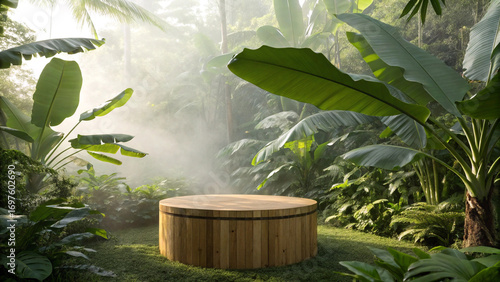 Wooden hot tub in a lush, misty tropical forest setting