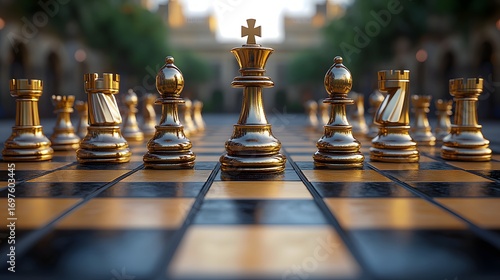A close up shot of gleaming golden chess pieces arranged on a chessboard in an outdoor setting