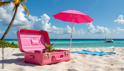 Vibrant Beach Scene with Open Pink Suitcase and Relaxation Elements