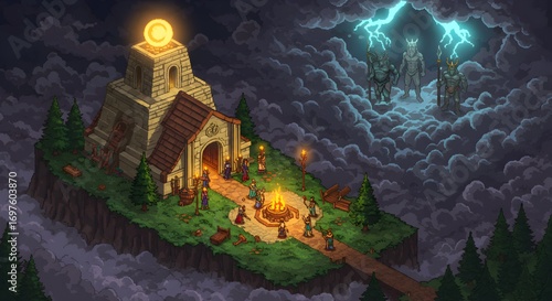 Epic Pixel Art Fantasy Scene of Medieval Fortress with Gods and Mythical Elements