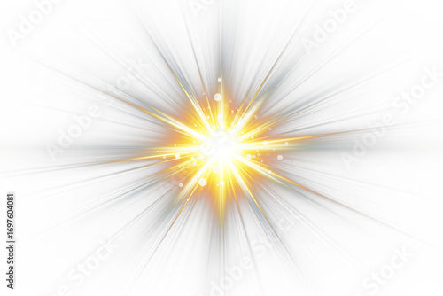 Brilliant glowing starburst explosion with radiant light flares and sparkling particles isolated on white background