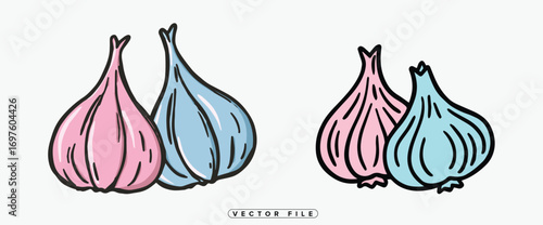 colorful onions in pairs pink blue hues vibrant illustration
