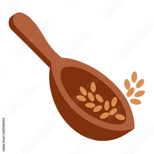 Organic brown rice grains spread in a scoop healthy food vector on white background.