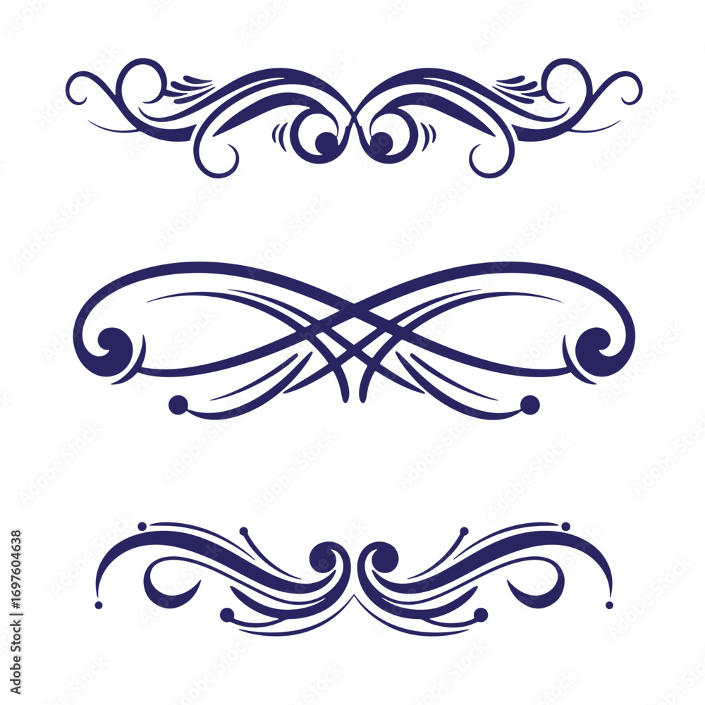 Fototapeta premium Elegant vector graphic set of decorative swirls and flourishes in dark blue