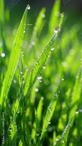 footage vertical video, Close-up of grass covered in raindrops