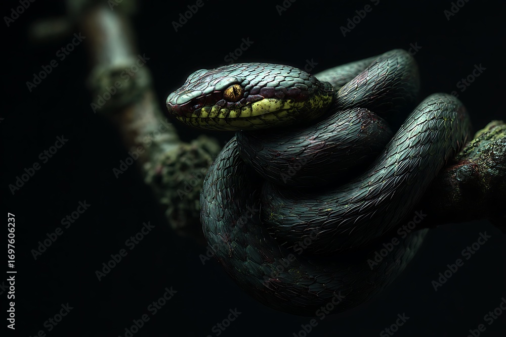 Obraz premium Striking viper coiled on a branch, intense golden eyes, dramatic lighting, perfect for wildlife projects and exotic themes