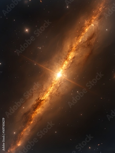 Bright orange and yellow galaxy with swirling gas clouds countless stars dotting dark space background