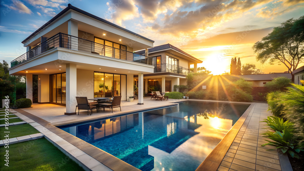 Fototapeta premium Spacious villa with backyard pool reflecting warm golden sunlight