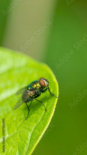 A close-up image of a metallic-green fly perched delicately on a vibrant green leaf, showcasing intricate details and the natural beauty of the insect's form.
