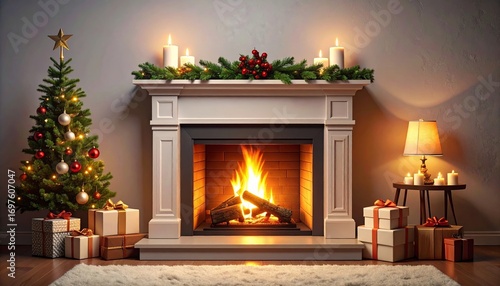 Cozy Christmas ambiance with fireplace, tree, gifts and soft lighting casting shadows