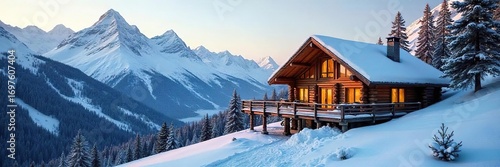 Cozy mountain chalet nestled amongst snow-capped peaks, offering stunning views and rustic charm Perfect for winter getaways and adventurous souls , warmth, home