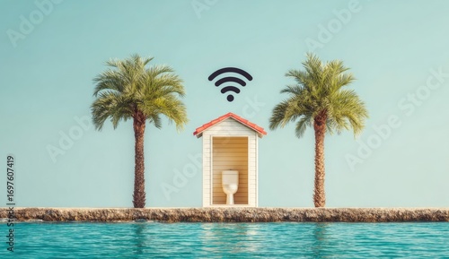 Whimsical, white, beach hut toilet with WiFi symbol, tropical palms