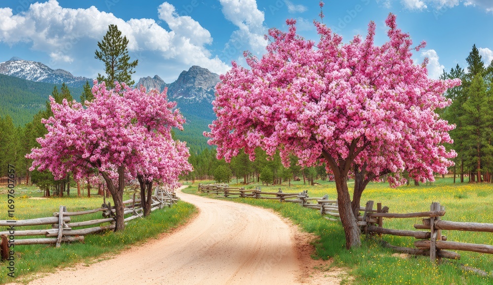 Fototapeta premium Pink blossom trees line a dirt road in a mountain meadow
