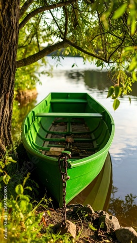 Green rowboat by the water under a tree