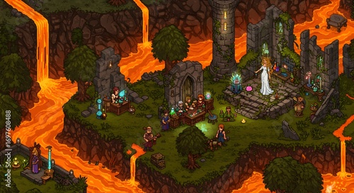 Epic Pixel Art Fantasy Scene of Medieval Fortress with Gods and Mythical Elements
