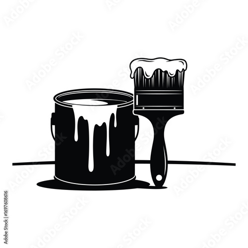 Paint can and brush dripping wet with fresh paint for renovation and decorating projects vector