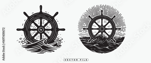 nautical designs featuring detailed ship wheels and ocean waves