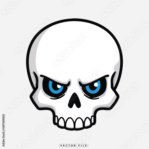 a cartoon skull with glowing blue eyes and sharp teeth