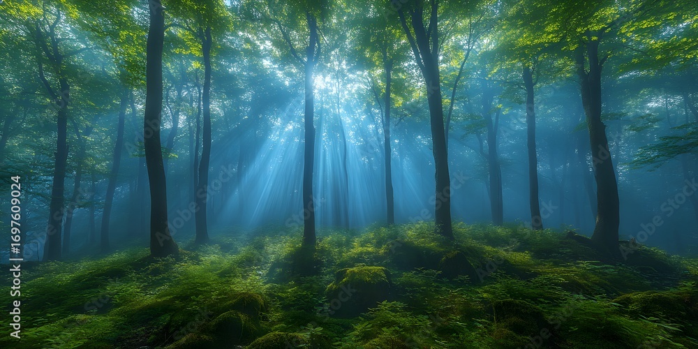 Naklejka premium Sunbeams pierce through lush green forest canopy illuminating misty woodland floor with vibrant light