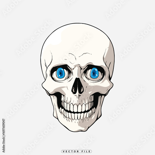 a skull wearing glasses with blue eyes