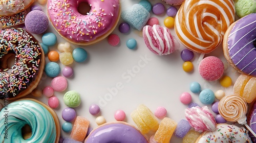 Colorful donuts candy lollipops scattered on white background with empty center space for text, Instagram post template social media banner ultra-realistic food photography