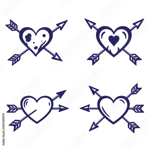 Four decorative heart symbols with arrows design in a simple minimalist style