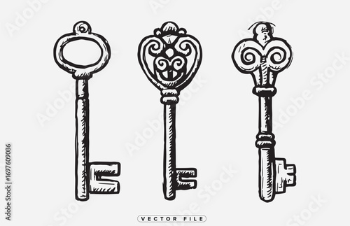 three antique keys with intricate designs and varying shapes