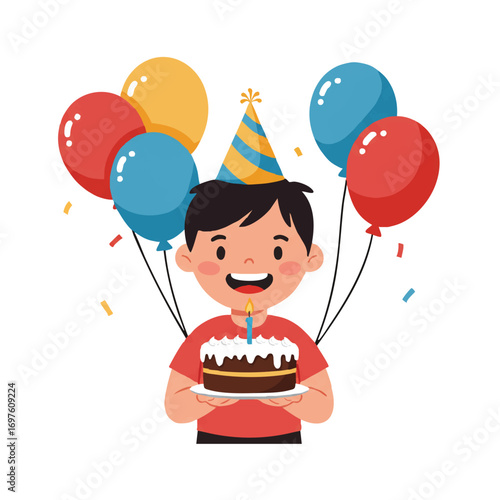 A joyful child happily celebrates their birthday, holding a delicious cake with a lit candle, surrounded by vibrant colorful balloons in a charming flat 2D vector illustration.