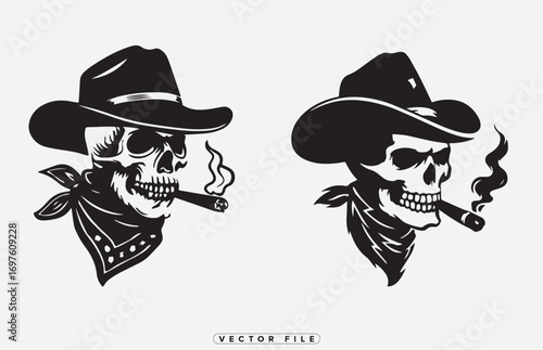 skull cowboys wearing hats smoking cigars with bandanas