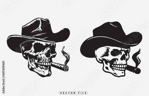 cowboy skulls wearing hats smoking cigars in black white
