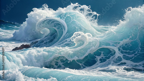 Fototapeta Naklejka Na Ścianę i Meble -  Powerful ocean waves crash against rocks on a sunny day