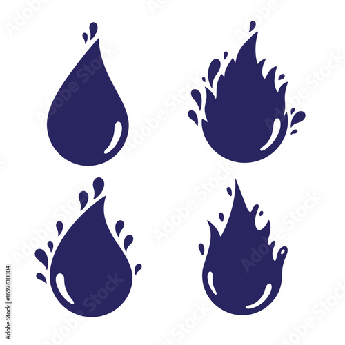 Set of four stylized dark blue water drop and splash vector illustrations on white background