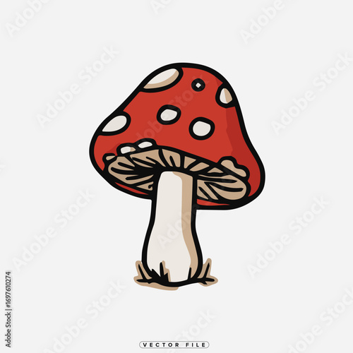 a charming cartoon mushroom with red cap white spots