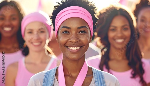 A group of smiling women in pink, focused on a woman with a medal