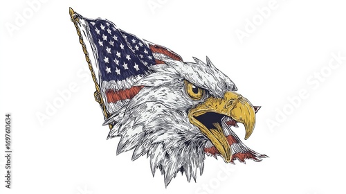 Detailed graphic of an eagle's head, American flag draped over and around it