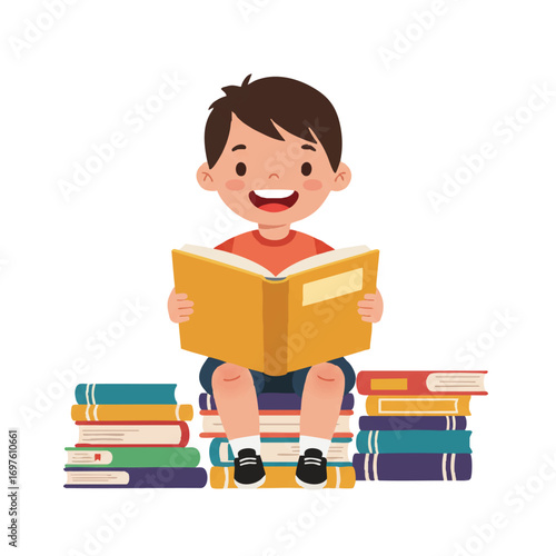Smiling child happily reads an open book while sitting on a pile of colorful books, a vibrant 2D flat vector illustration with clean outlines on a white background.