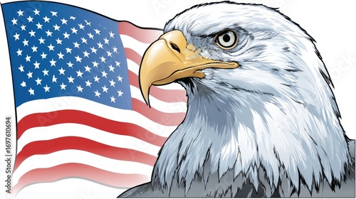 Bald eagle head facing forward, American flag in background
