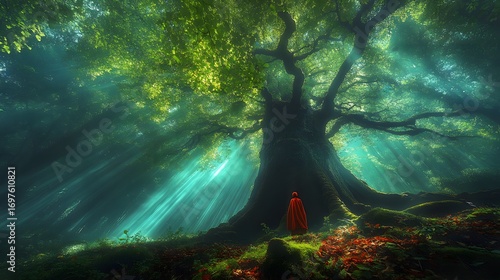 Mysterious person in red cloak stands beneath ancient mossy tree with light rays shining through foliage