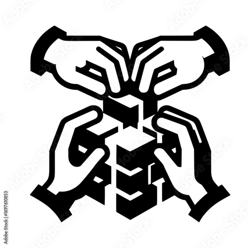 Four hands assembling blocks black vector icon with transparent background 