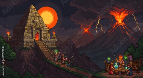 Epic Pixel Art Fantasy Scene of Medieval Fortress with Gods and Mythical Elements